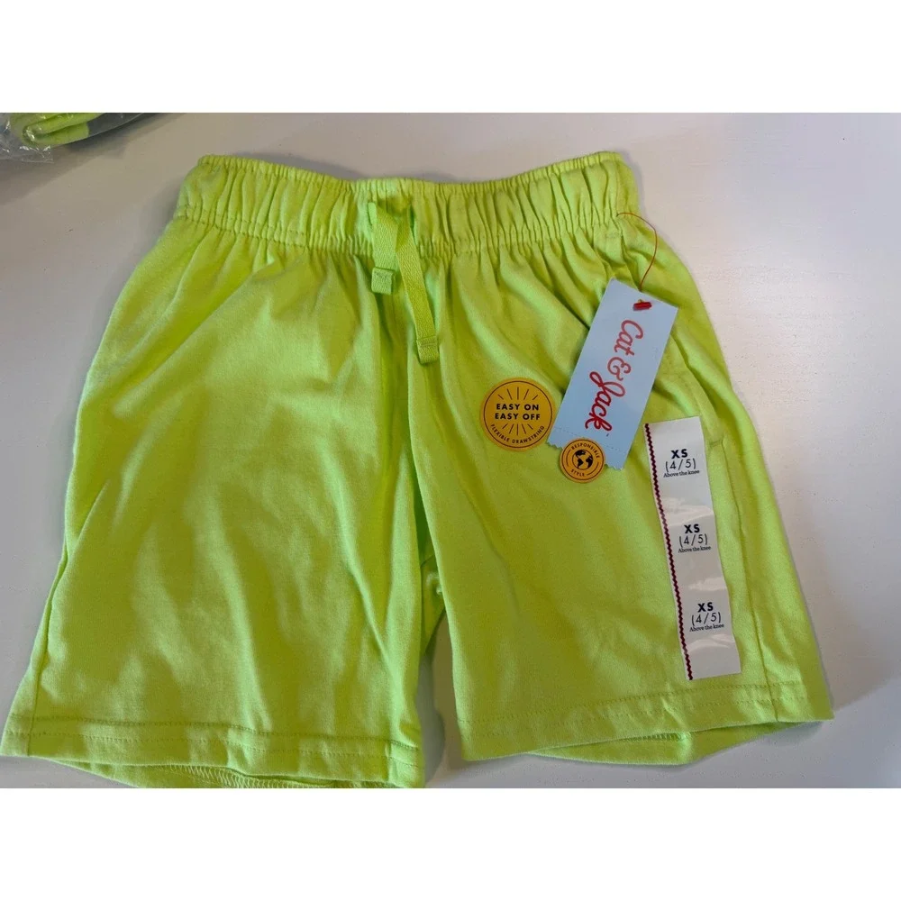 Cat & Jack Kids 2 Pack Jersey Shorts Neon Yellow Blue XS 4/5 Drawstring Pockets